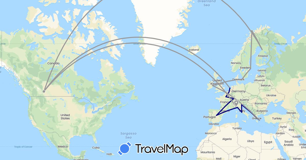 TravelMap itinerary: driving, plane in Belgium, Canada, Denmark, Spain, Finland, France, United Kingdom, Greece, Ireland, Italy, Netherlands, Norway, Sweden (Europe, North America)